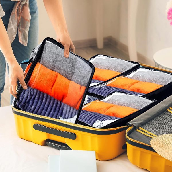 6 Pieces Large Clear Travel Packing Cube Clear Vinyl Zippered Storage Bags See Through Moving Bag PVC Multipurpose Pouch with Handle for Suitcase Shirts Dress Storage (Black, 15.8 x 10.2 x 3.9 Inch) - Image 5