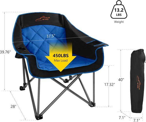 FAIR WIND Oversized Padded Camping Chair Heavy Duty Quad Fold Arm Chair Portable for Outdoor - Support 450LBS, Blue - Image 3