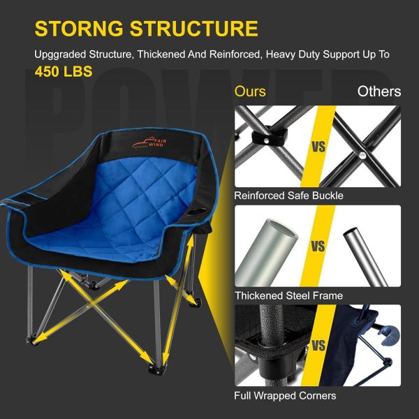 FAIR WIND Oversized Padded Camping Chair Heavy Duty Quad Fold Arm Chair Portable for Outdoor - Support 450LBS, Blue - Image 6