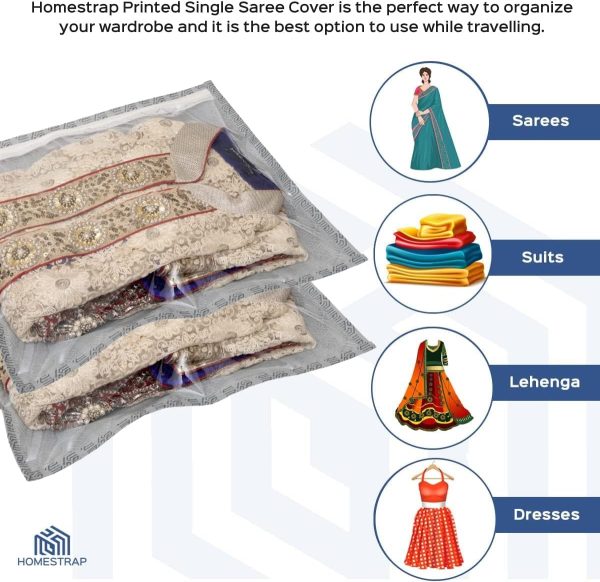 HomeStrap Set Of 24 Printed Single Saree Cover/Clothes Storage Bags/Wardrobe Organiser With Transparent Top(Grey,Non-Woven)(Featured On Shark Tank),36 Cm,1 Cm - Image 4