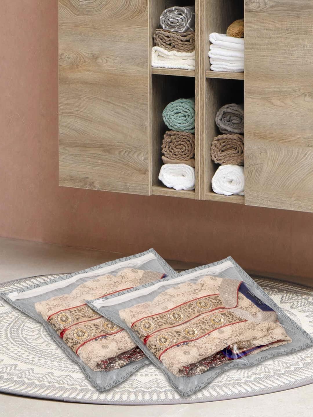 HomeStrap Set Of 24 Printed Single Saree Cover/Clothes Storage Bags/Wardrobe Organiser With Transparent Top(Grey,Non-Woven)(Featured On Shark Tank),36 Cm,1 Cm - Image 5